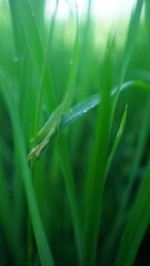 A grasshopper perched on dewy green grass.