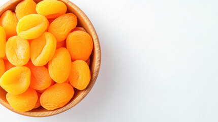 Natural Sources of Beta-Carotene, Dried apricots arranged in a wooden bowl on a light background.
