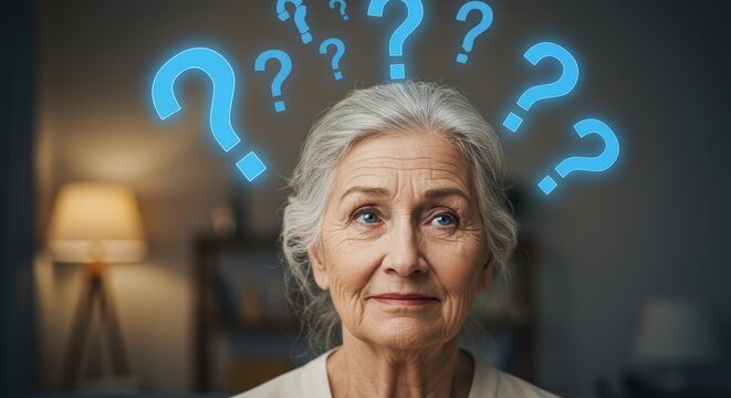 Senior Woman Pondering Questions - Thoughtful senior woman with question marks above her head, contemplating decisions and uncertainties