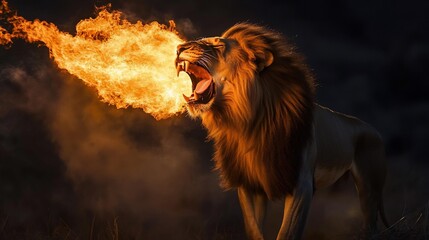 Naklejka premium Majestic Lion Breathing Fire: A Fiery Night in the Savannah