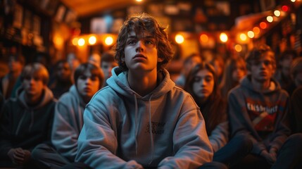 Fototapeta premium A young boy wearing a hoodie sits attentively among a crowd, illuminated by warm ambient lighting that casts a cozy glow