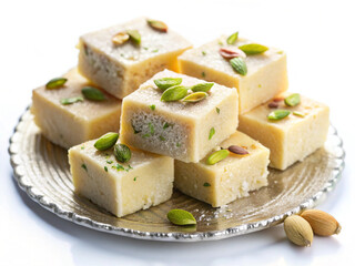 Milk Powder Barfi (Mawa Burfi)  Traditional Indian Sweet on White Background