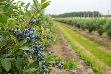 Blueberry bushes on a vast plantation, highlighting ripe berries, cultivation, and the fruit industry's harvesting process.