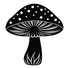Silhouette Illustration of a Mushroom with Decorative Design and Leaves