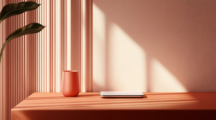 Fototapeta premium Modern trendy minimal style pink coral peach home office desk interior design still life with plant laptop book