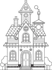 Fototapeta premium A whimsical, charming gingerbread house, perfect for a fairytale, boasting intricate details and a playful, enchanting design with simple line art and a white background.