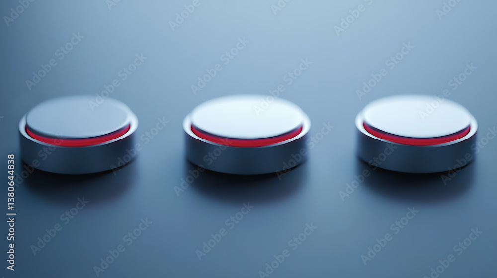 Fototapete 3d rendering of four round gray buttons with red lights in a row