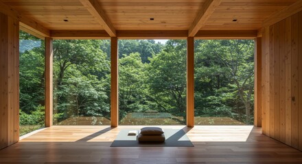 Serene Wooden Studio with Nature View - Tranquil yoga studio or meditation space with large windows offering stunning forest views. Wooden floors and ceiling add warmth. Perfect for mindfulness and re