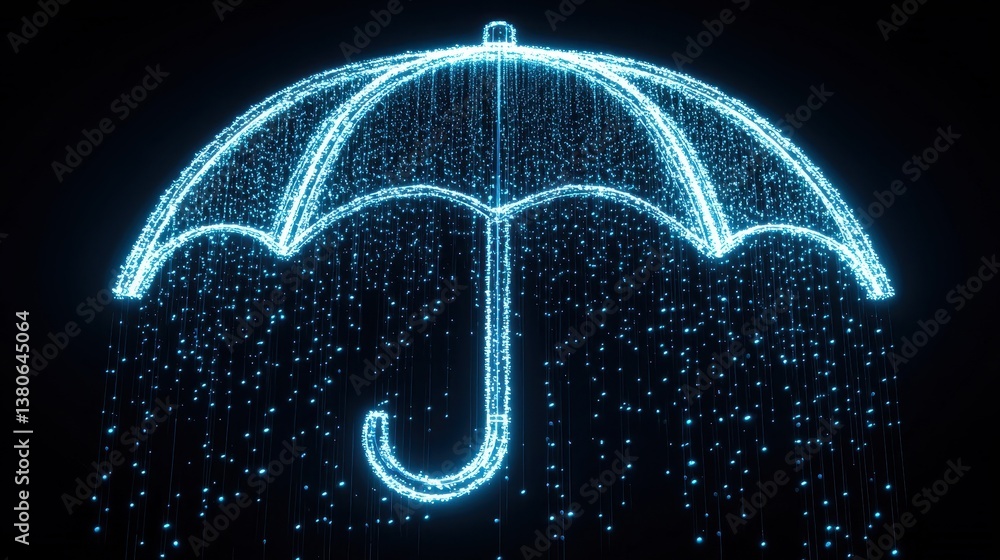 Poster a glowing umbrella design with cascading lights, creating a magical and whimsical atmosphere against