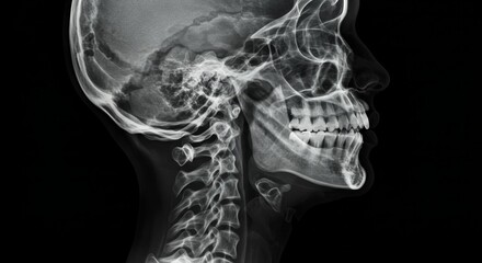 Side View X Ray Head and Neck Skeletal Detail - Medical imaging, skeletal structure, anatomy, health, healthcare. X-ray reveals intricate details of the human skull and cervical spine