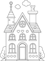 Fototapeta premium A charming whimsical house decorated with hearts and stars, perfect for a child's coloring book, with simple line art and a playful design.