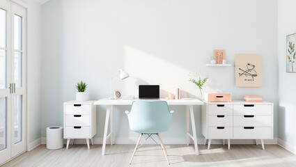 Modern Pastel Home Office with White Desk and Mint Green Accessories
