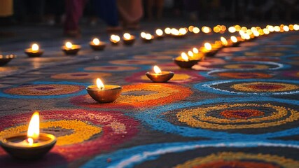 Festival celebration showcasing colorful rangoli designs and lit diyas in a vibrant outdoor setting
