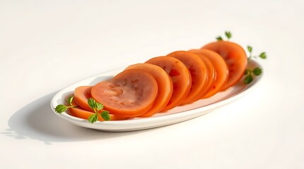 Freshly Sliced Ripe Tomatoes with Herb Garnish on Oval Plate