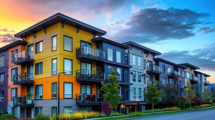 Colorful apartment buildings at sunset, urban residential complex