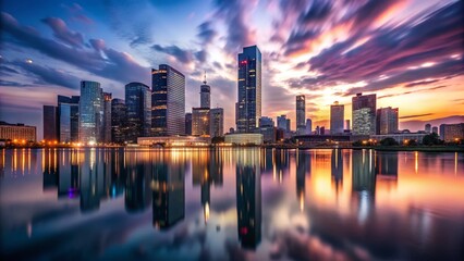 Fototapeta premium Vienna International Center Skyscrapers, Kaiserwasser Lake Reflection, Day to Night Timelapse