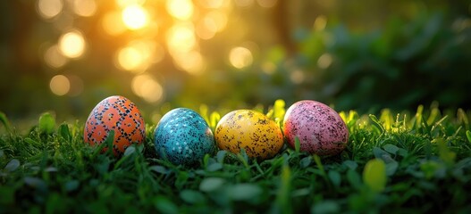 Pastel Speckled Easter Eggs in Sunny Spring Grass