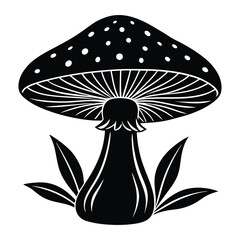 Silhouette Illustration of a Mushroom with Decorative Design and Leaves