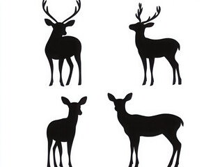 4 simple deer silhouettes, vector style, white background, no shadows, simple design, minimalistic design, simple shapes, vector graphics, only black and white colors.