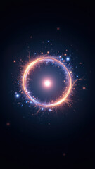 Technological explosion with sparks around a glowing center on dark background.