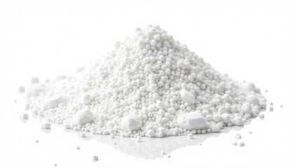 Pile of white granulated sugar on white background, macro, texture