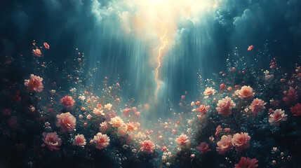 Beautiful pink roses illuminated by sunbeams from the cloudy sky