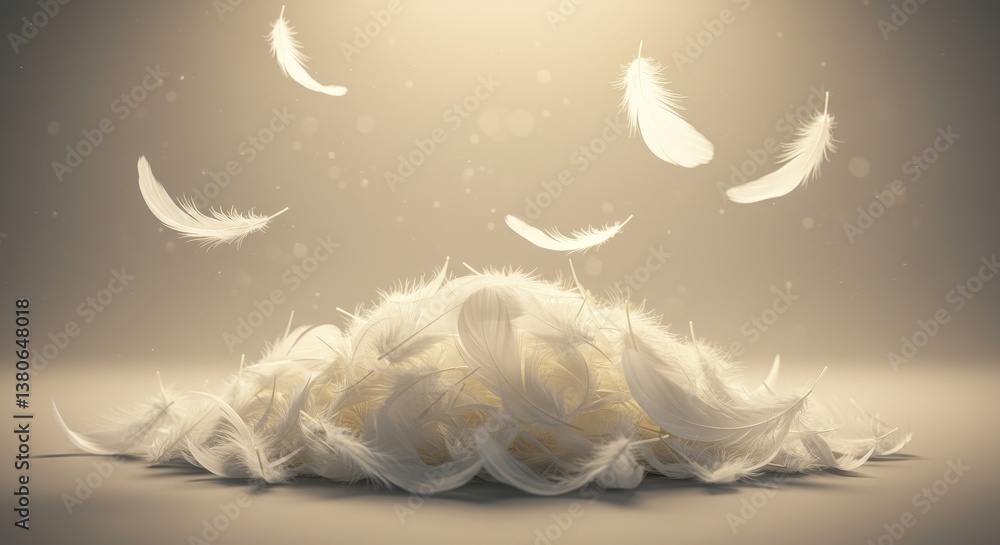 Poster soft white feathers pile - a serene of a pile of soft white feathers with a few falling gently, crea