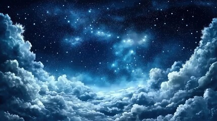 Starry night sky with twinkling stars and fluffy white clouds in dark blue cosmic backdrop, creating dreamy, mysterious, and fantasy atmosphere. Digital illustration for celestial themes, magical scen