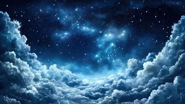 Starry night sky with twinkling stars and fluffy white clouds in dark blue cosmic backdrop, creating dreamy, mysterious, and fantasy atmosphere. Digital illustration for celestial themes, magical scen - Powered by Adobe