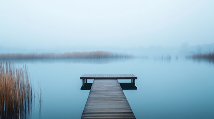 Naklejka premium Calm lake water with foggy moody landscape and wooden dock pier