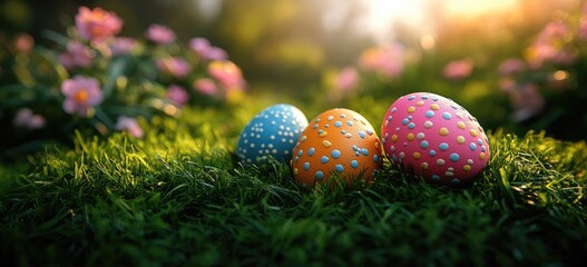 Pastel Easter Eggs on Green Moss in Sunlight