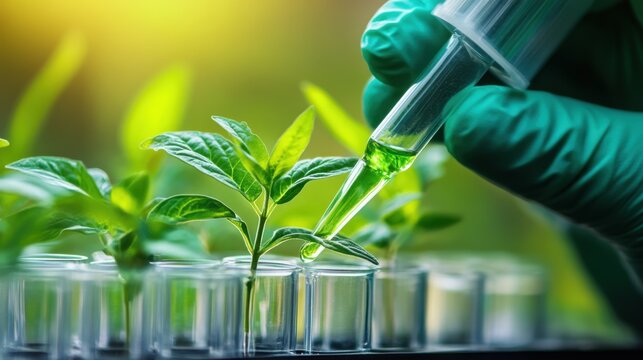 In vitro plant tissue culture experiment with growing seedlings in sterilized laboratory glassware.