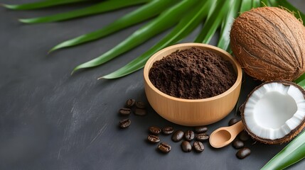 Natural Skincare concept, Natural ingredients: coconut shell, ground coffee, and leaves on a dark surface.