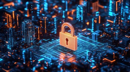 A digital futuristic representation of cybersecurity showcasing a black padlock at the center