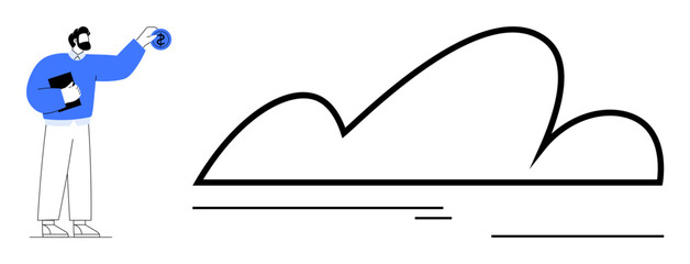 Man holding a tablet and transferring data to a cloud. Ideal for technology, file sharing, digital transformation, cloud computing, data management, innovation, collaboration. Flat simple metaphor