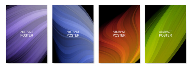 Set of abstract posters. Black backgrounds with purple, blue, orange, green and yellow gradient mesh. Dynamic fluid, flame shape	
