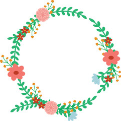 Spring floral wreath. circle decoration with flowers and leaves vector element. for sticker, tittle, backdrop, wedding, birthday etc