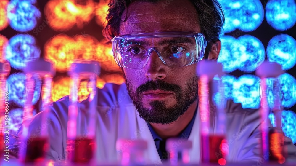 Poster scientist in lab with test tubes and colorful background lights