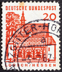 Germany - circa 1965 : Cancelled postage stamp printed by Germany, that shows Gatehouse of Lorsch, Hessen, circa 1965.