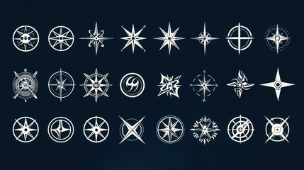 On a dark blue background, there is a group of white vector icons, among which there are compass patterns of various shapes and sizes. This design includes patterns such as circles, triangles, squares