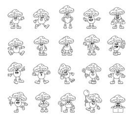Fototapeta premium Groovy retro vintage toadstool mushroom waving pointing crying jumping holding reading eating smiling standing hugging celebrating sitting opening planning flying resting