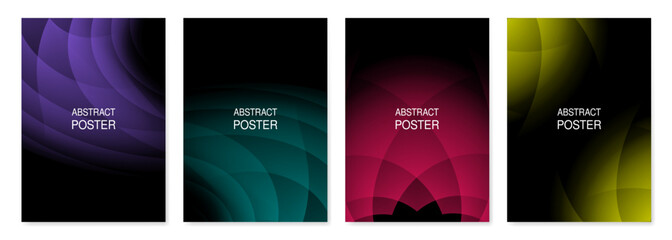 Set of abstract posters. Black backgrounds with purple, teal, red and yellow fading transition. Gradient pattern with crossed shapes	
