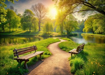 Obraz premium Deserted Park Path Spring Meadows Empty Benches Pond