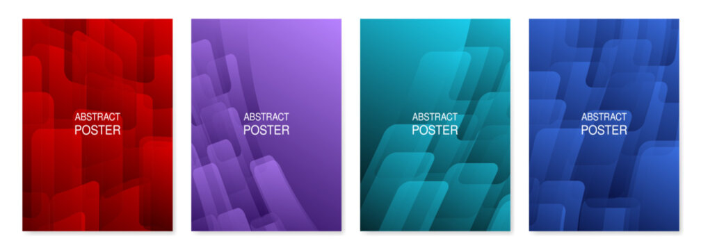 Set of abstract posters. Red, purple, teal and blue background designs. Geometric pattern with gradient transition, crossed rounded parallelograms and rectangles.	
