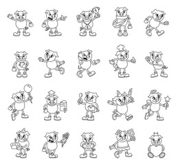 Groovy retro cartoon pig character illustrations with emotions activities gestures accessories outfits expressions objects hats