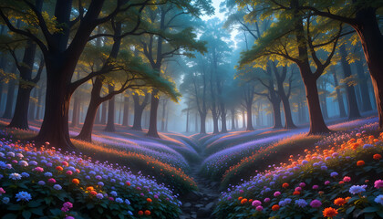 Spring garden park scene in the city with blooming flowers and green trees