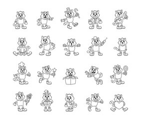 Groovy cartoon cat characters in retro style with emotions actions costumes gestures accessories items funny expressions