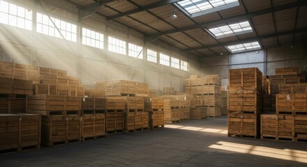 Sunlit Warehouse Storage Facility - Rows of wooden crates fill a sunlit warehouse, showcasing efficient storage and logistics
