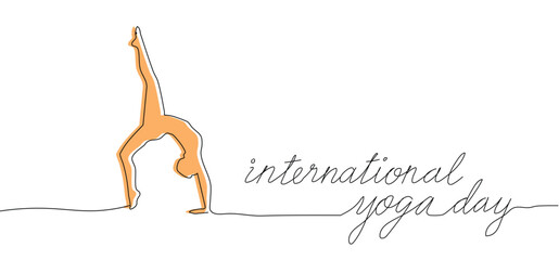 women doing yoga symbol sign,  One Continuous line art drawing vector illustration for Poster, banner, background with International Yoga Day text lettering typography, Editable stroke, Doodle outline