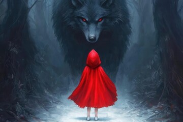 Enigmatic Encounter Between Girl in Red Cloak and Dark Wolf in Forest